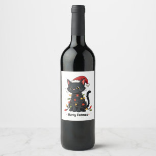 Merry Catmas Funny Christmas Feline Cat Lover Wine Label