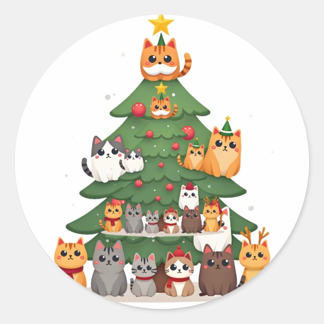 Merry Catmas Funny Christmas Tree, Cats Xmas Meow  Classic Round Sticker (Front)