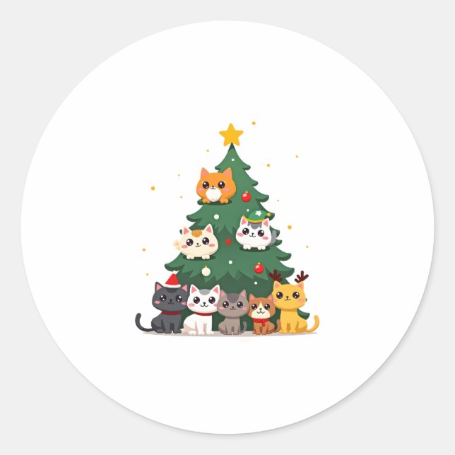 Merry Catmas Funny Christmas Tree, Cats Xmas Meow  Classic Round Sticker (Front)