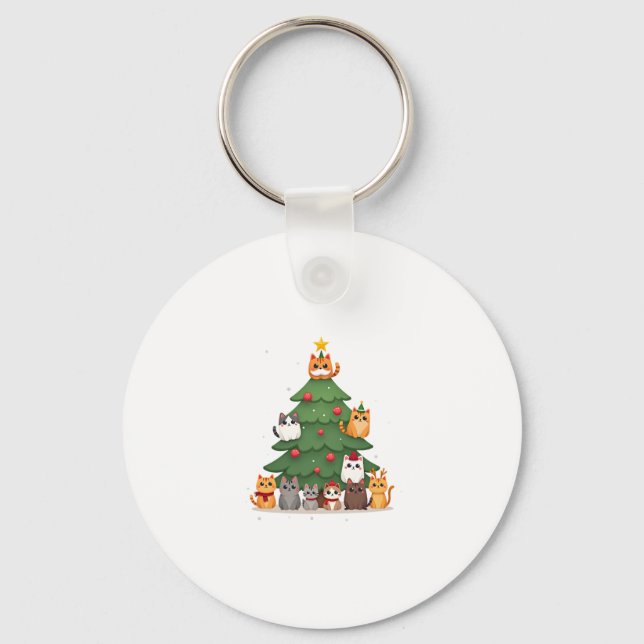 Merry Catmas Funny Christmas Tree, Cats Xmas Meow  Key Ring (Front)