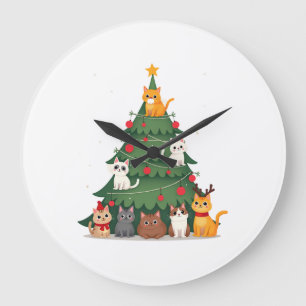 Merry Catmas Funny Christmas Tree, Cats Xmas Meow Large Clock