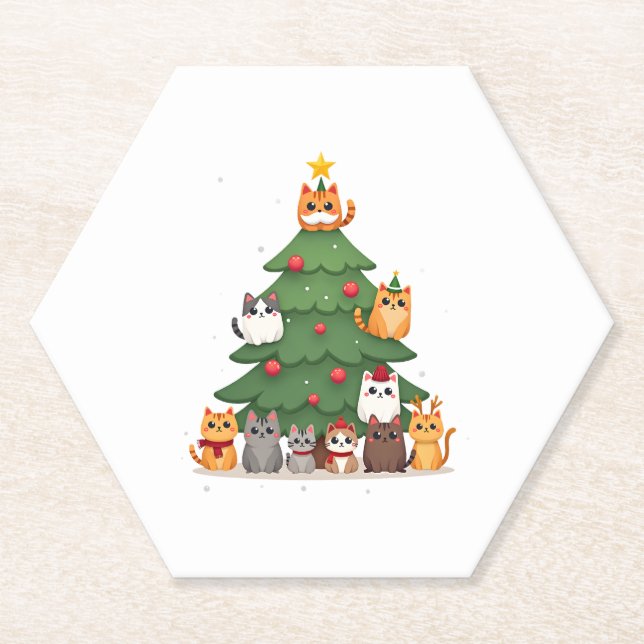 Merry Catmas Funny Christmas Tree, Cats Xmas Meow  Paper Coaster (Front)