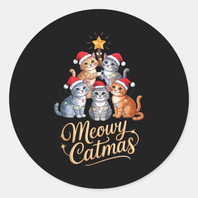 Merry Catmas Funny Christmas Tree Matching Meowy X Classic Round Sticker (Front)
