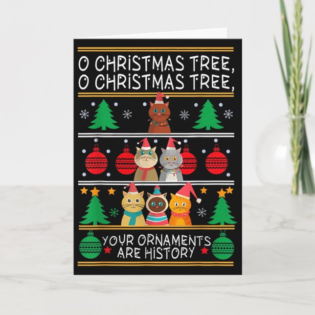 Merry Catmas Funny O Christmas Tree, Cat Xmas Meow Card (Front)