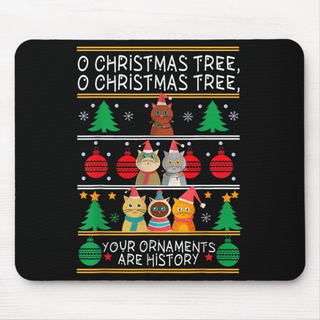 Merry Catmas Funny O Christmas Tree, Cat Xmas Meow Mouse Mat (Front)