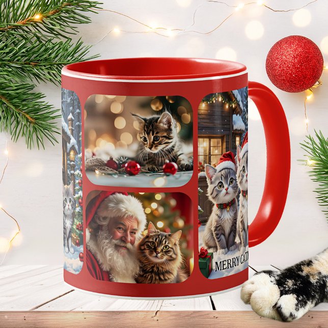 Merry Catmas Photo Collage Christmas Mug (Mug featuring a collage of cats in a festive Christmas scene. Great as a gift for a crazy cat lady!)