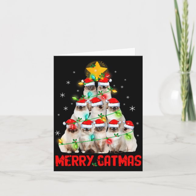 Merry Catmas Santa Birman Cats Christmas Tree Ligh Card (Front)