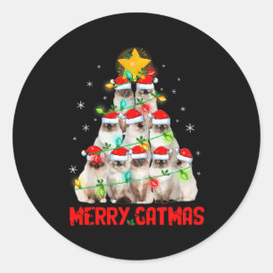 Merry Catmas Santa Birman Cats Christmas Tree Ligh Classic Round Sticker