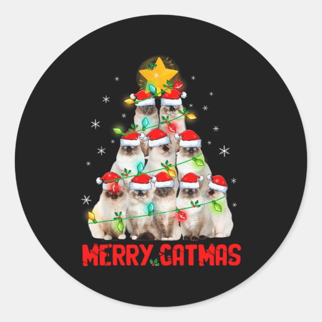 Merry Catmas Santa Birman Cats Christmas Tree Ligh Classic Round Sticker (Front)