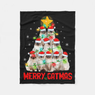 Merry Catmas Santa Birman Cats Christmas Tree Ligh Fleece Blanket