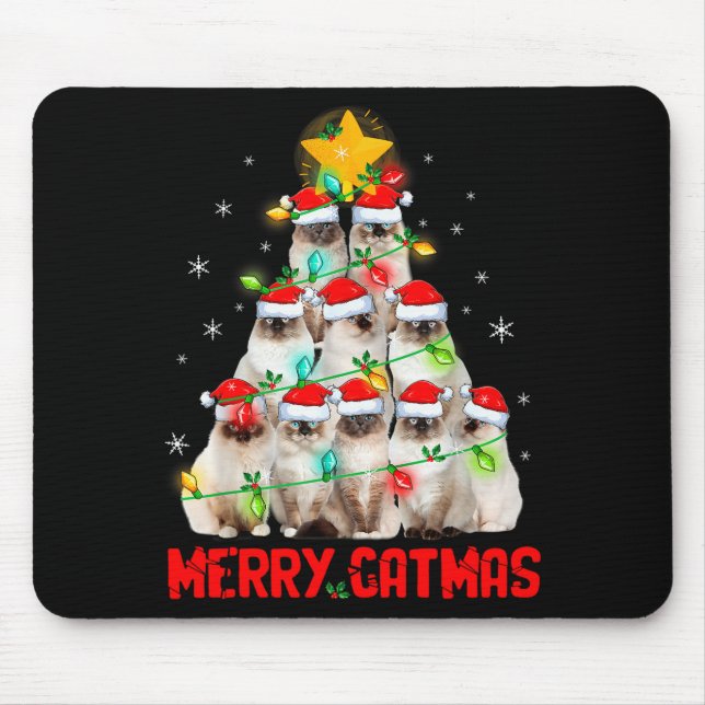 Merry Catmas Santa Birman Cats Christmas Tree Ligh Mouse Mat (Front)