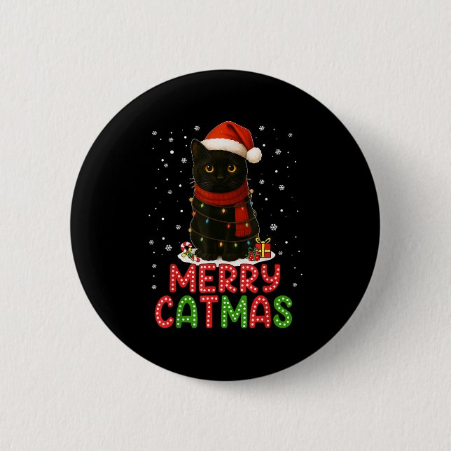 Merry Catmas Santa Hat Funny Black Cat Christmas W 6 Cm Round Badge (Front)