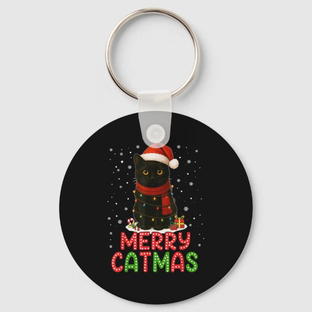 Merry Catmas Santa Hat Funny Black Cat Christmas W Key Ring (Front)