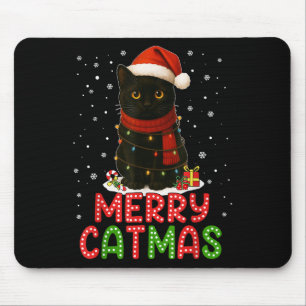 Merry Catmas Santa Hat Funny Black Cat Christmas W Mouse Mat