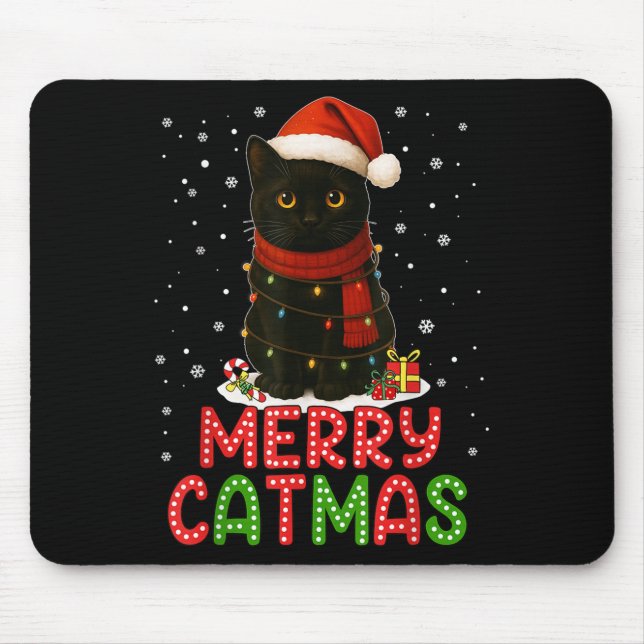 Merry Catmas Santa Hat Funny Black Cat Christmas W Mouse Mat (Front)
