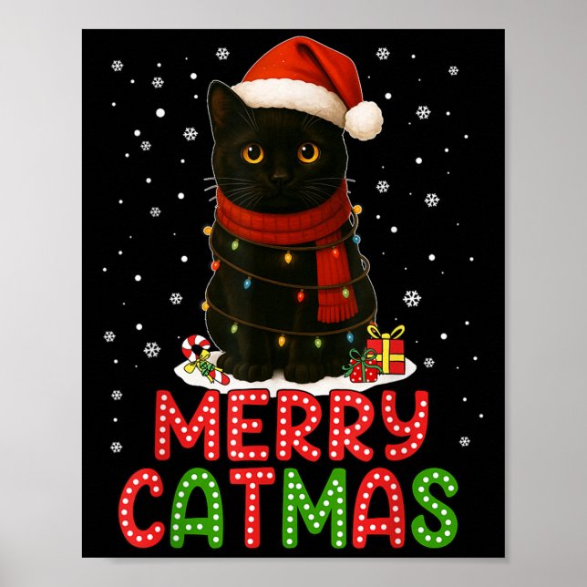 Merry Catmas Santa Hat Funny Black Cat Christmas W Poster (Front)