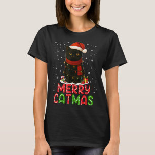 Merry Catmas Santa Hat Funny Black Cat Christmas W T-Shirt