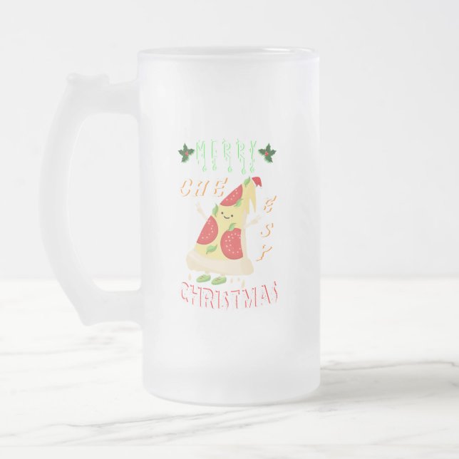 Merry Cheesy Christmas Xmas Santa Pizza Christmas Frosted Glass Beer Mug (Left)