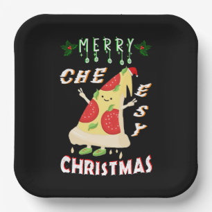 Merry Cheesy Christmas Xmas Santa Pizza Christmas Paper Plate