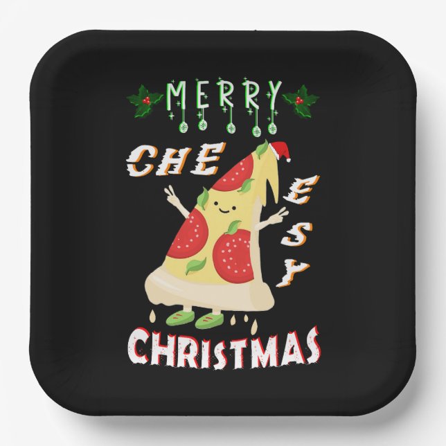 Merry Cheesy Christmas Xmas Santa Pizza Christmas Paper Plate (Front)