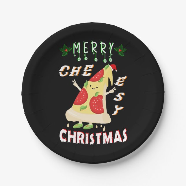Merry Cheesy Christmas Xmas Santa Pizza Christmas Paper Plate (Front)