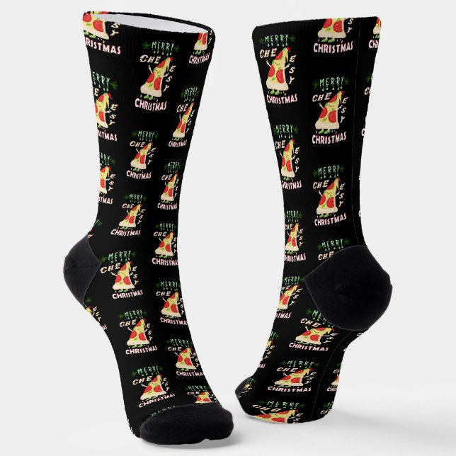 Merry Cheesy Christmas Xmas Santa Pizza Christmas Socks (Angled)