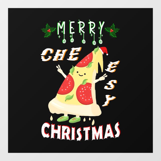 Merry Cheesy Christmas Xmas Santa Pizza Christmas Window Cling (Sheet)
