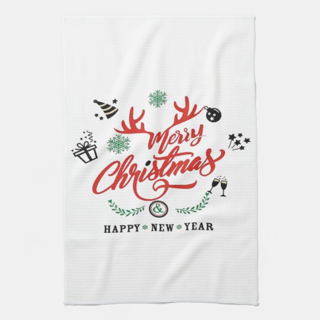 Merry Chirstmas Happy New Year  Tea Towel (Vertical)