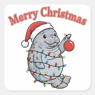 Merry Chrismiss Manatee Cute Chubby Sea Cow Xmas Square Sticker