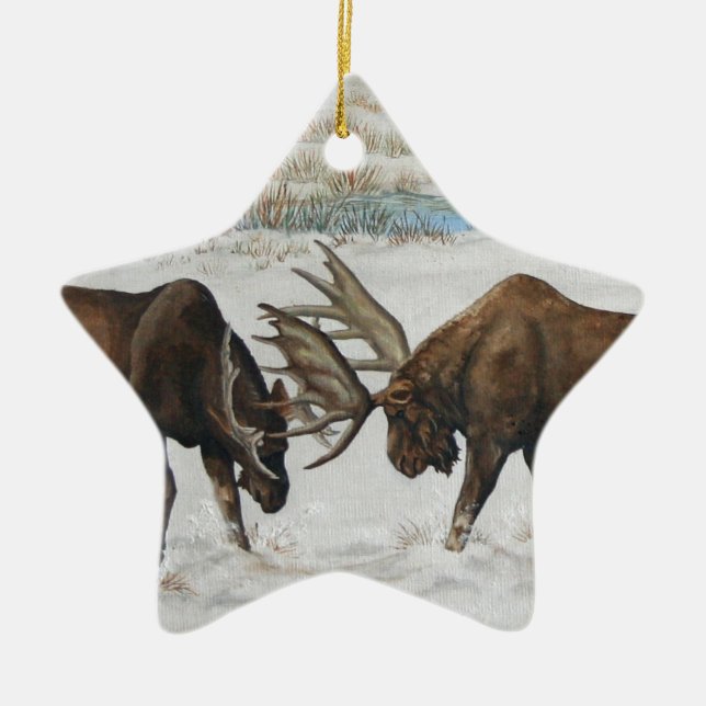 Merry Chrismoose Bull Moose Wildlife Art Ceramic Tree Decoration (Front)