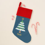 Merry Chrismukkah Cute Hanukkah Dreidel Tree Christmas Stocking<br><div class="desc">This cute Chrismukkah stocking features a green Christmas tree decorated with blue dreidel ornaments and a gold Jewish Star of David at the top for Hanukkah to combine the 2 holidays for a family that celebrates both. Personalise with your name in gold.</div>