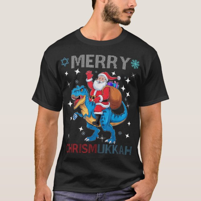 Merry Chrismukkah Dinosaure Christmas And Hanukkah T-Shirt (Front)