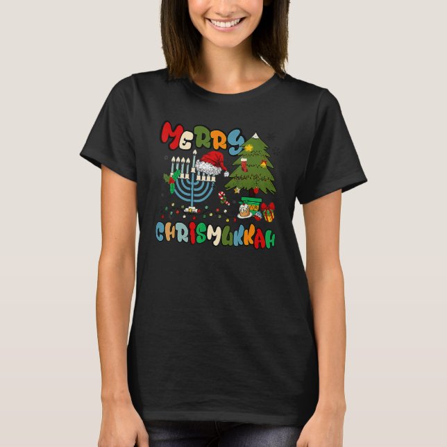 Merry Chrismukkah Hanukkah Jewish Chanukah Menorah T-Shirt (Front)