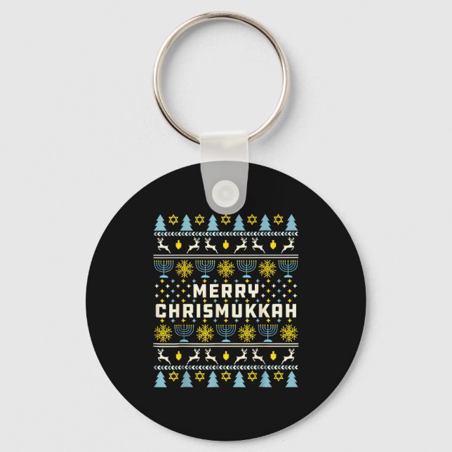 Merry Chrismukkah Happy Hanukkah Jew Ugly Christma Key Ring (Front)