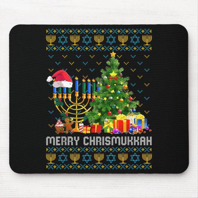 Merry Chrismukkah Happy Hanukkah Ugly Sweater Fami Mouse Mat (Front)