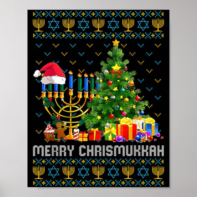 Merry Chrismukkah Happy Hanukkah Ugly Sweater Fami Poster (Front)