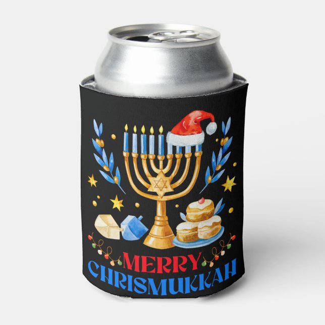 Merry Chrismukkah Holiday Hanukkah Pajama Family Can Cooler (Can Front)