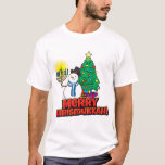 Merry Chrismukkah Snowman Menorah and Custom Name T-Shirt<br><div class="desc">Fun Merry Chrismukkah with a Snowman holding a menorah in front of a Christmas Tree on white. On the back is a fun text you can delete or change to whatever works for you. If you blend the holidays, or you know someone that celebrates both Hanukkah and Christmas, then this...</div>