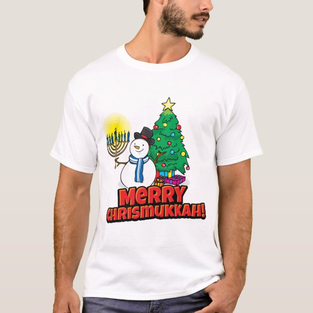 Merry Chrismukkah Snowman Menorah and Custom Name T-Shirt (Front)