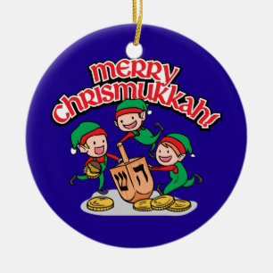 Merry Chrismukkah with Elves and Dreidels Ceramic Tree Decoration