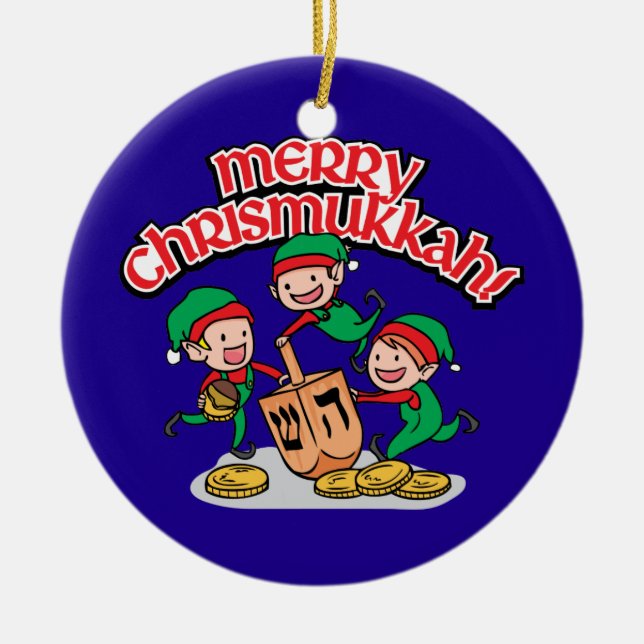 Merry Chrismukkah with Elves and Dreidels Ceramic Tree Decoration (Front)
