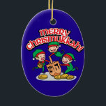 Merry Chrismukkah with Elves and Dreidels Ceramic Tree Decoration<br><div class="desc">It's a true Chrismukkah for 2019! Christmas and Hanukkah fall over the same week! Add these fun interfaith (Hanukkah and Christmas) oval ornaments to your Chrismukkah celebrations this year. If you celebrate the holidays together, these are a nice touch. This is our design and you won't find it anywhere other...</div>