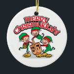 Merry Chrismukkah with Elves and Dreidels Ceramic Tree Decoration<br><div class="desc">Add these fun interfaith (Hanukkah and Christmas) ornaments to your Chrismukkah celebrations this year. If you celebrate the holidays together, these are a nice touch. This is our design and you won't find it anywhere other than in our store. Chrismukkah is celebrated by people usually in families with both Jewish...</div>