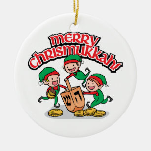 Merry Chrismukkah with Elves and Dreidels Ceramic Tree Decoration
