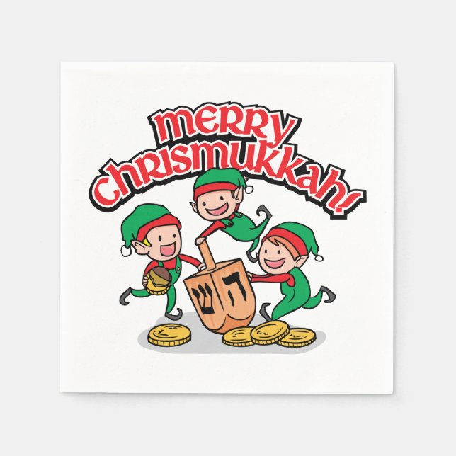 Merry Chrismukkah with Elves and Dreidels Napkin (Front)