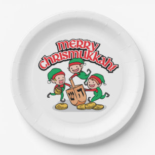 Merry Chrismukkah with Elves and Dreidels Paper Plate
