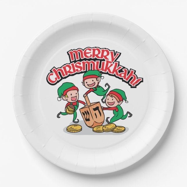 Merry Chrismukkah with Elves and Dreidels Paper Plate (Front)