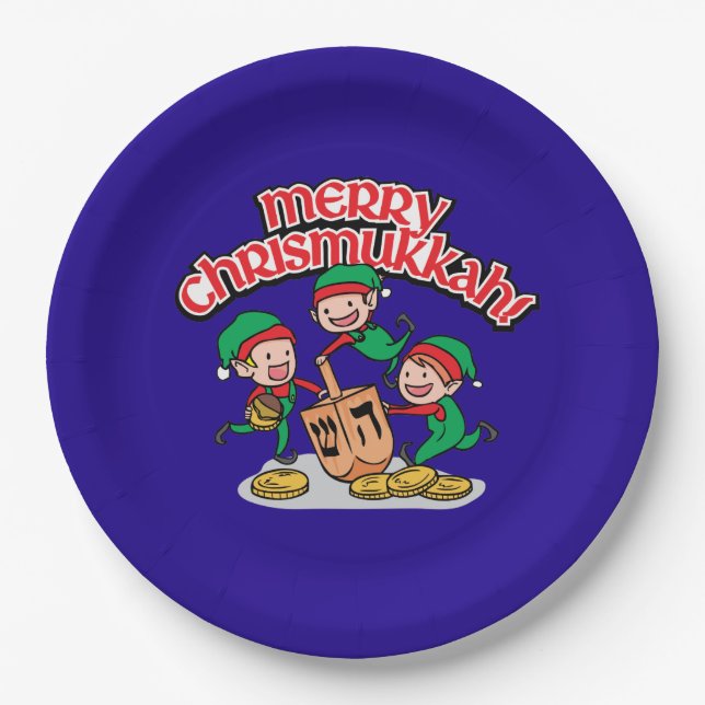 Merry Chrismukkah with Elves and Dreidels Paper Plate (Front)