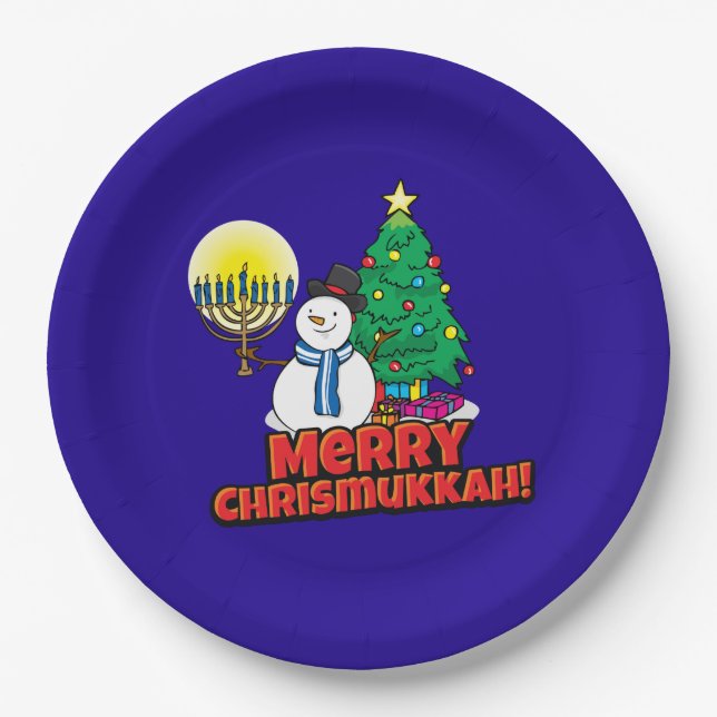Merry Chrismukkah with Snowman and Menorah Paper Plate (Front)
