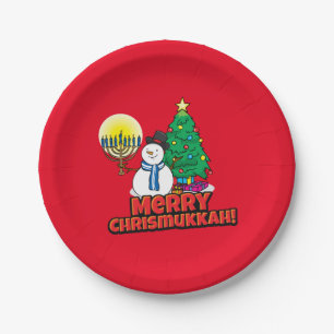 Merry Chrismukkah with Snowman and Menorah Paper Plate